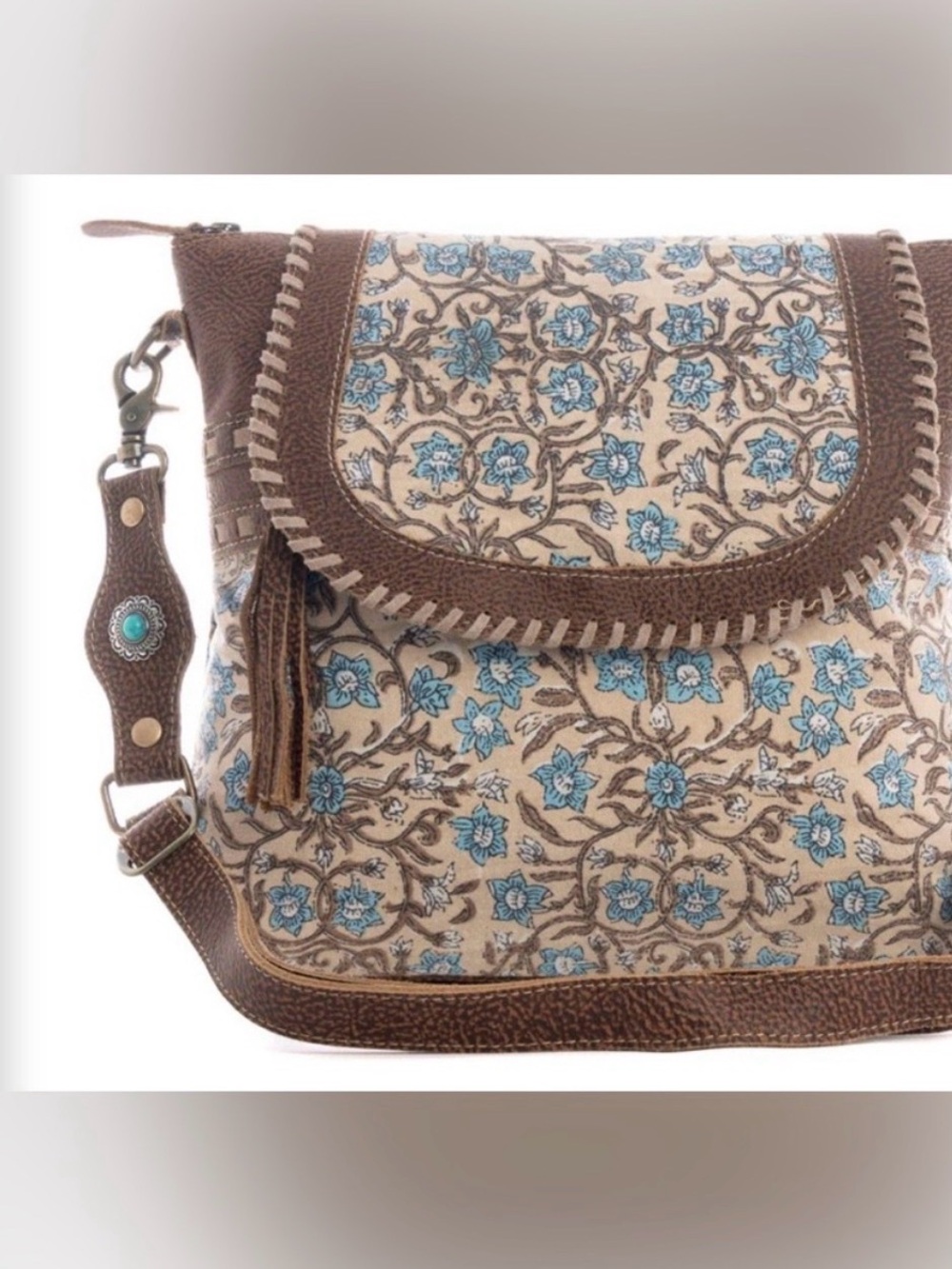 Myra Bag Brown Crossbody with Blue Floral Print - Picture 4 of 5